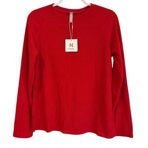 Nora Cora Women's Red Ribbed Long Sleeve Top Size M Side Slits Casual